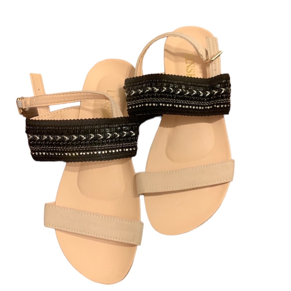 Linsky sandals size 42 (8.5) rose gold and black beaded sandals NWOT